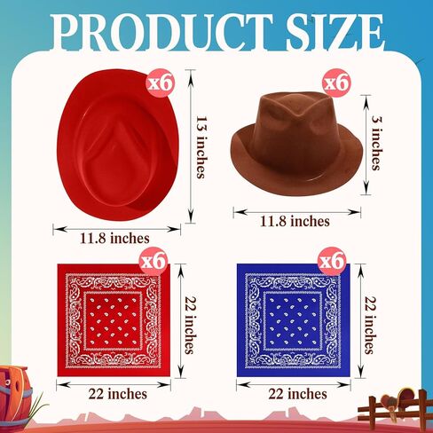 24 Pieces Western Cowboy Hat Set, Felt Cowboy Themed Party Hats with Paisley Bandanas for Adult Kids Cowboy Costume Party in Saudi Arabia