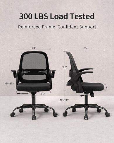 Ergonomic Mesh Office Chair with Flip-Up Arms, Adjustable Height, Breathable Mesh Back & Thick Cushion Seat, 360° Swivel Rolling Computer Desk Chair, BIFMA Certified, Supports 300 lbs (Black) in Kuwait