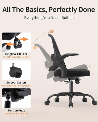 Ergonomic Mesh Office Chair with Flip-Up Arms, Adjustable Height, Breathable Mesh Back & Thick Cushion Seat, 360° Swivel Rolling Computer Desk Chair, BIFMA Certified, Supports 300 lbs (Black) in Kuwait