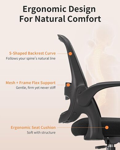 Ergonomic Mesh Office Chair with Flip-Up Arms, Adjustable Height, Breathable Mesh Back & Thick Cushion Seat, 360° Swivel Rolling Computer Desk Chair, BIFMA Certified, Supports 300 lbs (Black) in Kuwait