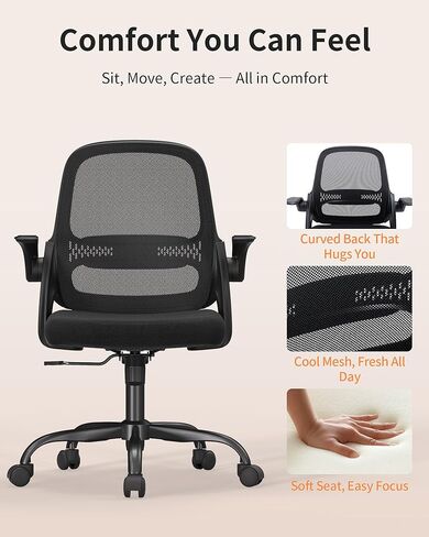 Ergonomic Mesh Office Chair with Flip-Up Arms, Adjustable Height, Breathable Mesh Back & Thick Cushion Seat, 360° Swivel Rolling Computer Desk Chair, BIFMA Certified, Supports 300 lbs (Black) in Kuwait