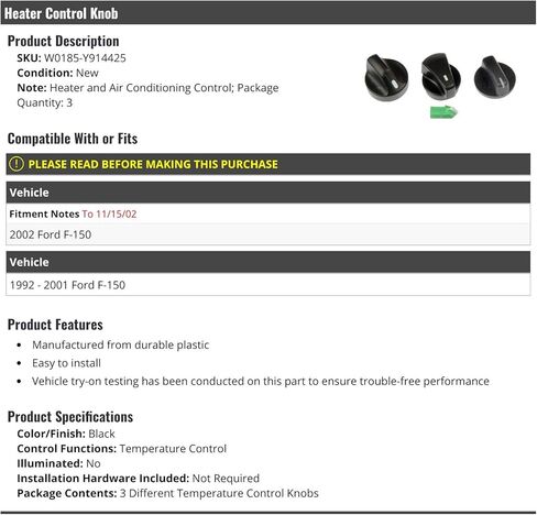 مقبض التحكم في السخان وتكييف الهواء - أسود - متوافق مع 1992-2002 Ford F-150 (حتى 15/11/2002) in Kuwait