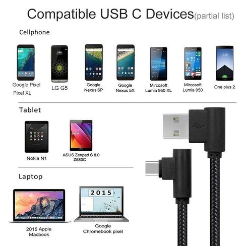كابل USB من النوع C، CTREEY 90 درجة 3 حزم 3 أقدام و6 أقدام و10 أقدام سلك طويل مضفر من النايلون USB من النوع A إلى C شاحن لأجهزة Macbook وLG G6 V20 G5 وGoogle Pixel وNexus 6P وNintendo Switch وSamsung Galaxy S8+ (ذهبي وردي) in Kuwait