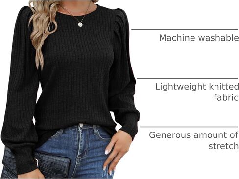 HOTOUCH المرأة بلوزة متماسكة لينة نفخة طويلة الأكمام قميص قمم خفيفة الوزن جولة الرقبة سترة S-XXL in Saudi Arabia