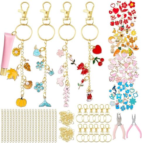 PYURTHITY 254 Pcs Lip Gloss Keychain Making Kit, Charm Jewelry Chain Making Crafts Including 120 Charms 12 Keychain Clips 20 Extender Chains 100 Jump Rings Jewelry Plier and Puncher for DIY Crafts in Saudi Arabia