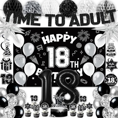 18th Birthday Decorations for Boys Girls, Black 18th Birthday Supplies Include Time To Adult Banner Happy 18th Birthdays Backdrop Cake Topper for 18 Year Old Birthday Decor in Saudi Arabia