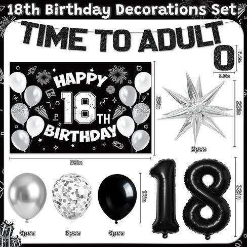 18th Birthday Decorations for Boys Girls, Black 18th Birthday Supplies Include Time To Adult Banner Happy 18th Birthdays Backdrop Cake Topper for 18 Year Old Birthday Decor in Saudi Arabia