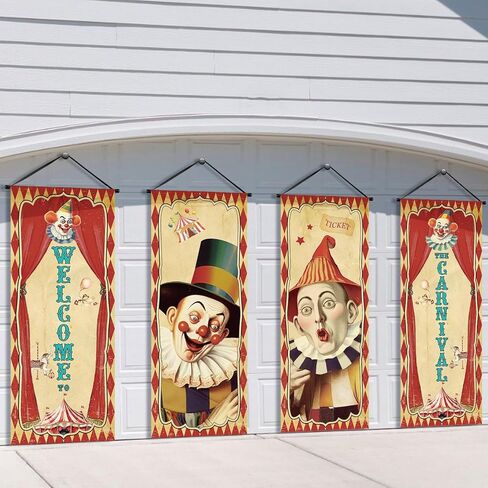 Tiamon 4 Pcs Vintage Christmas Halloween Carnival Porch Banners Retro Santa Clown Stretching Portraits Wall Decorations Gothic Porch Sign Backdrop for Xmas Indoor Outdoor Hanging Decor (Christmas) in Saudi Arabia