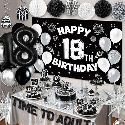 18th Birthday Decorations for Boys Girls, Black 18th Birthday Supplies Include Time To Adult Banner Happy 18th Birthdays Backdrop Cake Topper for 18 Year Old Birthday Decor in Saudi Arabia