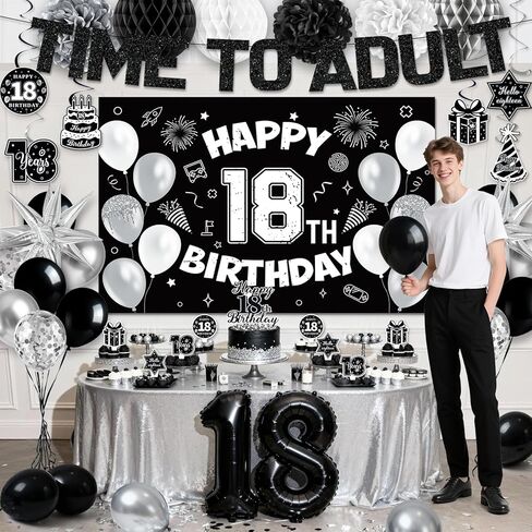 18th Birthday Decorations for Boys Girls, Black 18th Birthday Supplies Include Time To Adult Banner Happy 18th Birthdays Backdrop Cake Topper for 18 Year Old Birthday Decor in Saudi Arabia