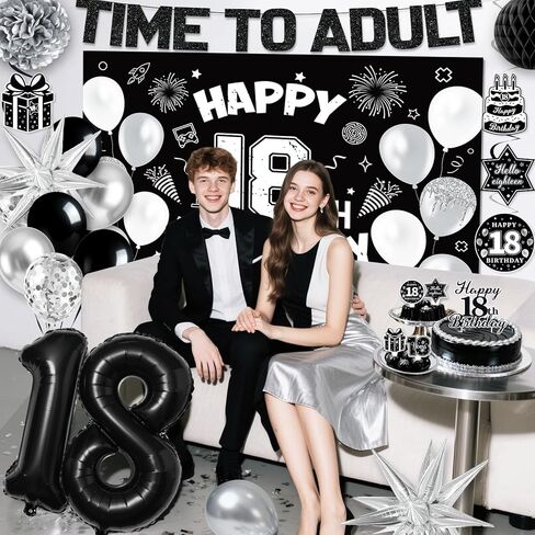 18th Birthday Decorations for Boys Girls, Black 18th Birthday Supplies Include Time To Adult Banner Happy 18th Birthdays Backdrop Cake Topper for 18 Year Old Birthday Decor in Saudi Arabia