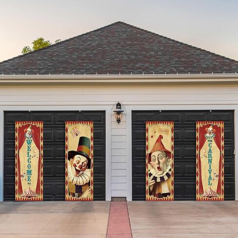 Tiamon 4 Pcs Vintage Christmas Halloween Carnival Porch Banners Retro Santa Clown Stretching Portraits Wall Decorations Gothic Porch Sign Backdrop for Xmas Indoor Outdoor Hanging Decor (Christmas) in Saudi Arabia
