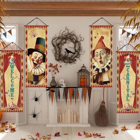 Tiamon 4 Pcs Vintage Christmas Halloween Carnival Porch Banners Retro Santa Clown Stretching Portraits Wall Decorations Gothic Porch Sign Backdrop for Xmas Indoor Outdoor Hanging Decor (Christmas) in Saudi Arabia