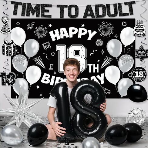 18th Birthday Decorations for Boys Girls, Black 18th Birthday Supplies Include Time To Adult Banner Happy 18th Birthdays Backdrop Cake Topper for 18 Year Old Birthday Decor in Saudi Arabia