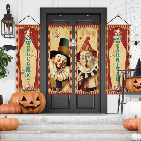Tiamon 4 Pcs Vintage Christmas Halloween Carnival Porch Banners Retro Santa Clown Stretching Portraits Wall Decorations Gothic Porch Sign Backdrop for Xmas Indoor Outdoor Hanging Decor (Christmas) in Saudi Arabia