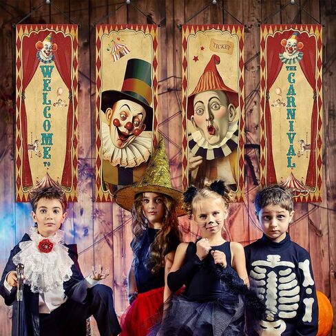 Tiamon 4 Pcs Vintage Christmas Halloween Carnival Porch Banners Retro Santa Clown Stretching Portraits Wall Decorations Gothic Porch Sign Backdrop for Xmas Indoor Outdoor Hanging Decor (Christmas) in Saudi Arabia