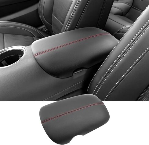 غطاء مسند ذراع موستانج 2024 2025 2026 لسيارة Ford Mustang (EcoBoost/EcoBoost Premium/GT/GT Premium/Dark Horse Premium)، غطاء وحدة تحكم جلدي مقاوم للماء ومريح 2025 Mustang Accessories - خط أبيض in Kuwait