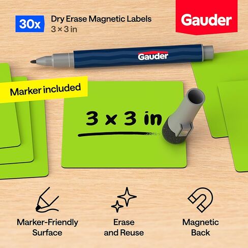GAUDER Magnetic Dry Erase Labels | 30x Magnetic Labels (3x3 Inches) | Dry Erase Magnets for Classroom, Whiteboard and Blackboard in Saudi Arabia
