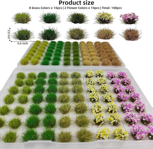 140 Pcs Static Grass Tufts & Miniature Flower Clusters - Artificial Grass Terrain Scenery Kit for Model Train Railway, Military Sand Table, DIY Diorama Landscape in Saudi Arabia
