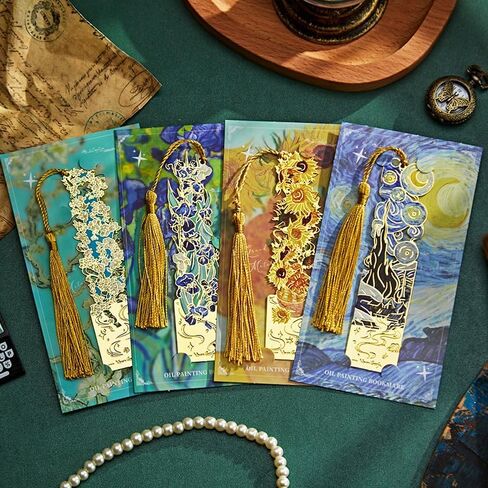 Metal Bookmarks with Tassel, Golden Hollow Bookmark Van Gogh Monet Oil Painting Theme Book Mark Bookmarks for Book Lovers Writers Readers for Women Adults in Saudi Arabia