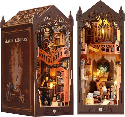 DIY Book Nook Kit - Bookend Diorama with LED- 3D Wooden Puzzle DIY Miniature House Kits - Bookshelf Insert Decor - Booknook Dollhouse Crafts Hobbies Gifts for Adults (Magic Library) in Saudi Arabia
