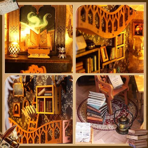 DIY Book Nook Kit - Bookend Diorama with LED- 3D Wooden Puzzle DIY Miniature House Kits - Bookshelf Insert Decor - Booknook Dollhouse Crafts Hobbies Gifts for Adults (Magic Library) in Saudi Arabia