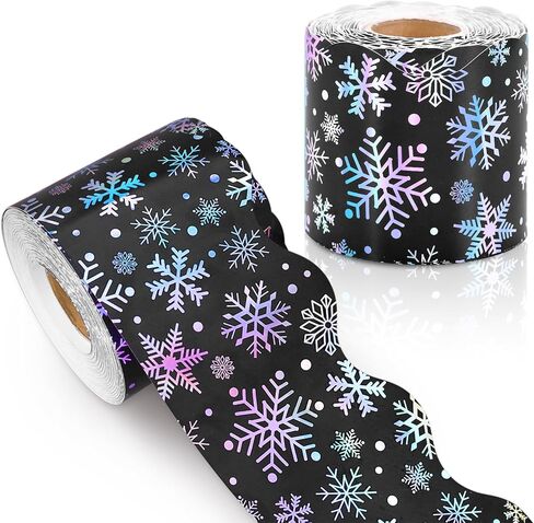 65.6 Ft Christmas Bulletin Board Border Xmas Black Iridescent Holographic Snowflake Die Cut Border Trim Roll for Winter Holiday School Classroom Office Chalkboard Decoration in Saudi Arabia