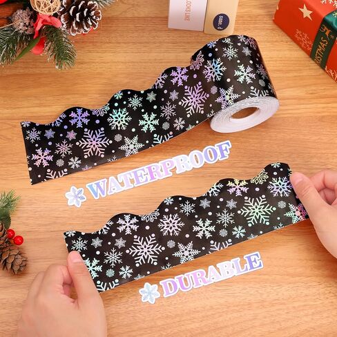 65.6 Ft Christmas Bulletin Board Border Xmas Black Iridescent Holographic Snowflake Die Cut Border Trim Roll for Winter Holiday School Classroom Office Chalkboard Decoration in Saudi Arabia