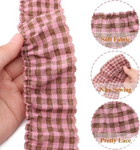 Gingham Ruffle Lace Trim Pleated Lace 5 Yards Gathered Gingham Fabric Edge Ribbon Trim for Dresses, Wedding Gowns, Crafts, Home Decor (Brown) in Saudi Arabia