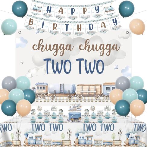 Chugga Chugga Two Two Birthday Party Decorations, 2nd Train Birthday Decorations, Retro Blue Balloons Backdrop Banner Cupcake Cake Toppers Number 2 Foil Balloon for 2 Year Old Birthday Party in Kuwait