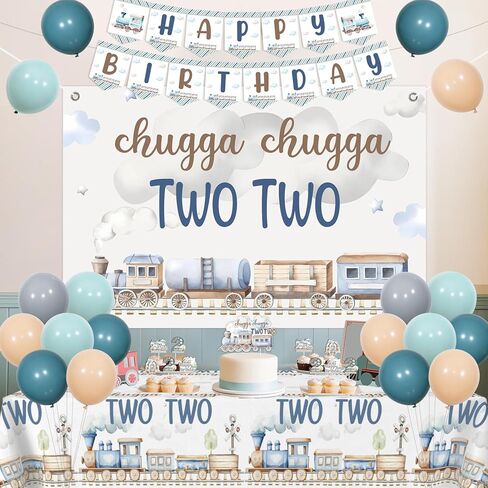 Chugga Chugga Two Two Birthday Party Decorations, 2nd Train Birthday Decorations, Retro Blue Balloons Backdrop Banner Cupcake Cake Toppers Number 2 Foil Balloon for 2 Year Old Birthday Party in Kuwait