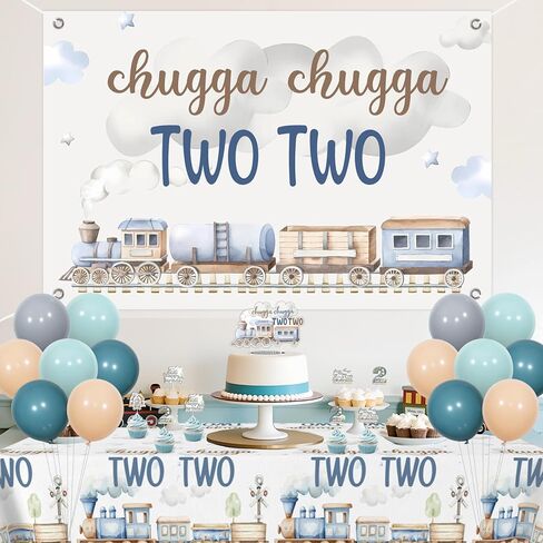 Chugga Chugga Two Two Birthday Party Decorations, 2nd Train Birthday Decorations, Retro Blue Balloons Backdrop Banner Cupcake Cake Toppers Number 2 Foil Balloon for 2 Year Old Birthday Party in Kuwait