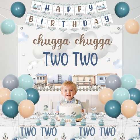 Chugga Chugga Two Two Birthday Party Decorations, 2nd Train Birthday Decorations, Retro Blue Balloons Backdrop Banner Cupcake Cake Toppers Number 2 Foil Balloon for 2 Year Old Birthday Party in Kuwait