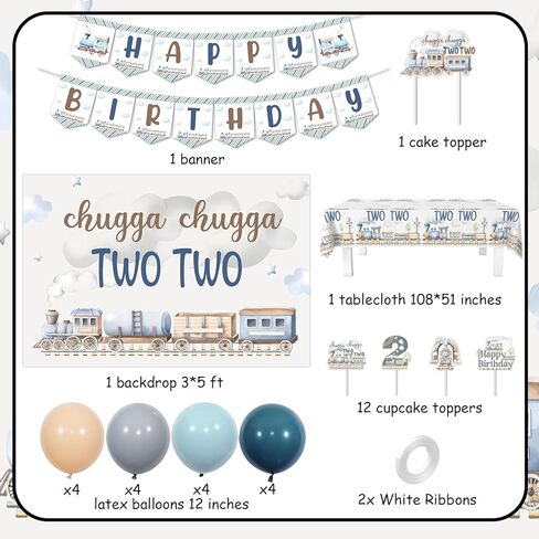 Chugga Chugga Two Two Birthday Party Decorations, 2nd Train Birthday Decorations, Retro Blue Balloons Backdrop Banner Cupcake Cake Toppers Number 2 Foil Balloon for 2 Year Old Birthday Party in Kuwait