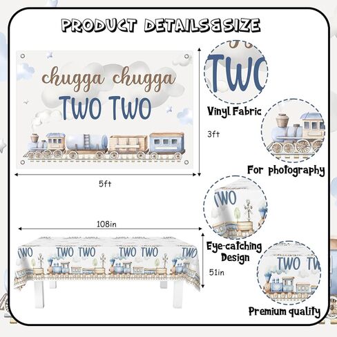 Chugga Chugga Two Two Birthday Party Decorations, 2nd Train Birthday Decorations, Retro Blue Balloons Backdrop Banner Cupcake Cake Toppers Number 2 Foil Balloon for 2 Year Old Birthday Party in Kuwait