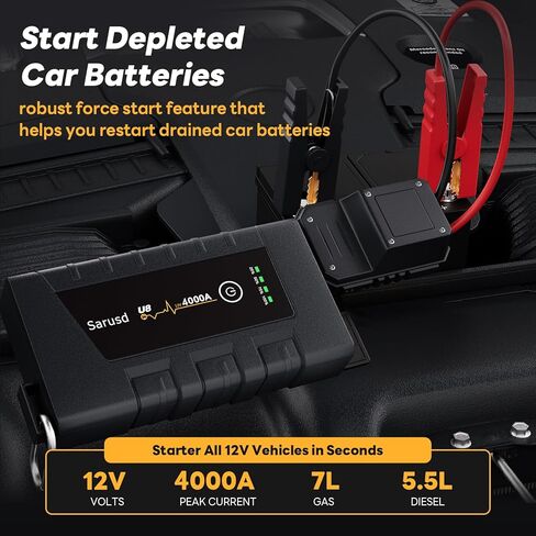 سيارة Jump Starter 4000A بطارية السيارة الداعم Jump Starter حتى 7 لتر غاز / 5.5 لتر ديزل 12 فولت حزمة بطارية أوتوماتيكية صندوق بدء تشغيل محمول مع كابلات توصيل، IP67 مقاومة للماء، كابل USB وإضاءة LED (U8) in Saudi Arabia