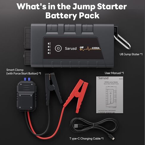 سيارة Jump Starter 4000A بطارية السيارة الداعم Jump Starter حتى 7 لتر غاز / 5.5 لتر ديزل 12 فولت حزمة بطارية أوتوماتيكية صندوق بدء تشغيل محمول مع كابلات توصيل، IP67 مقاومة للماء، كابل USB وإضاءة LED (U8) in Saudi Arabia
