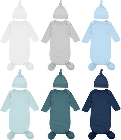 6 Pack Newborn Baby Knotted Gown Set 0-6 Month Cotton Baby Sleeper Nightgown With Matching Hat Baby Take Home Outfit Long Sleeve Sleep Bag for Hospital Infant Boy Girl Baby Shower in Saudi Arabia