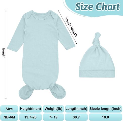 6 Pack Newborn Baby Knotted Gown Set 0-6 Month Cotton Baby Sleeper Nightgown With Matching Hat Baby Take Home Outfit Long Sleeve Sleep Bag for Hospital Infant Boy Girl Baby Shower in Saudi Arabia