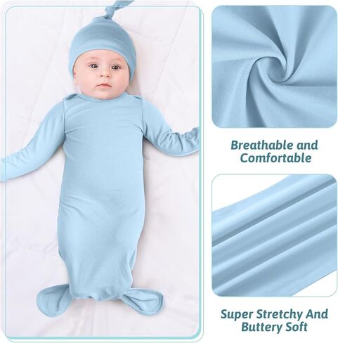 6 Pack Newborn Baby Knotted Gown Set 0-6 Month Cotton Baby Sleeper Nightgown With Matching Hat Baby Take Home Outfit Long Sleeve Sleep Bag for Hospital Infant Boy Girl Baby Shower in Saudi Arabia