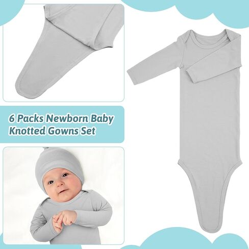 6 Pack Newborn Baby Knotted Gown Set 0-6 Month Cotton Baby Sleeper Nightgown With Matching Hat Baby Take Home Outfit Long Sleeve Sleep Bag for Hospital Infant Boy Girl Baby Shower in Saudi Arabia