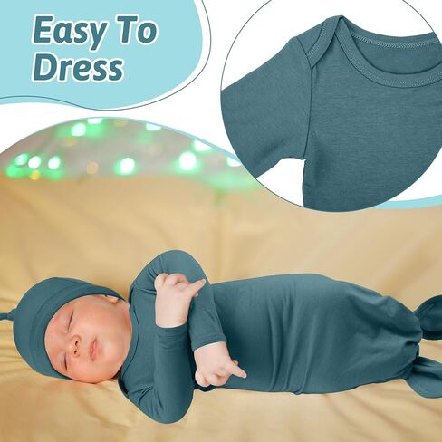 6 Pack Newborn Baby Knotted Gown Set 0-6 Month Cotton Baby Sleeper Nightgown With Matching Hat Baby Take Home Outfit Long Sleeve Sleep Bag for Hospital Infant Boy Girl Baby Shower in Saudi Arabia