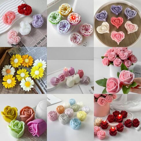 9Pcs Rose Flower Tulip Peony Heart Candle Soap Wax Mold Valentine Day Silicone for Small Butter Candles Chocolate Making Molds Silicones Shapes Moldes De Rosas Silicona para Velas in Saudi Arabia