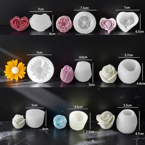 9Pcs Rose Flower Tulip Peony Heart Candle Soap Wax Mold Valentine Day Silicone for Small Butter Candles Chocolate Making Molds Silicones Shapes Moldes De Rosas Silicona para Velas in Saudi Arabia