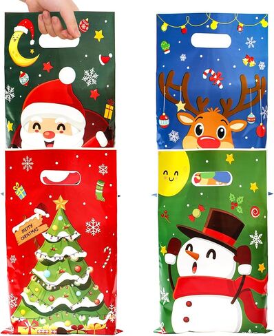 50 Pcs Christmas Gift Bags with Handles - 4 Styles Merry Christmas Trees Santa Claus Snowman Elk Plastic Bulk Treat Tote Cookie Goody Candy Snack Bags for Winter Xmas Holiday Party Decorations Favors in Saudi Arabia