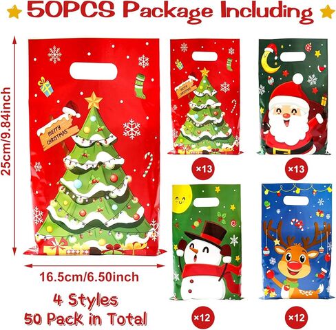 50 Pcs Christmas Gift Bags with Handles - 4 Styles Merry Christmas Trees Santa Claus Snowman Elk Plastic Bulk Treat Tote Cookie Goody Candy Snack Bags for Winter Xmas Holiday Party Decorations Favors in Saudi Arabia