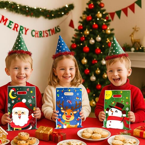 50 Pcs Christmas Gift Bags with Handles - 4 Styles Merry Christmas Trees Santa Claus Snowman Elk Plastic Bulk Treat Tote Cookie Goody Candy Snack Bags for Winter Xmas Holiday Party Decorations Favors in Saudi Arabia