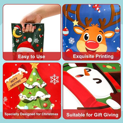 50 Pcs Christmas Gift Bags with Handles - 4 Styles Merry Christmas Trees Santa Claus Snowman Elk Plastic Bulk Treat Tote Cookie Goody Candy Snack Bags for Winter Xmas Holiday Party Decorations Favors in Saudi Arabia