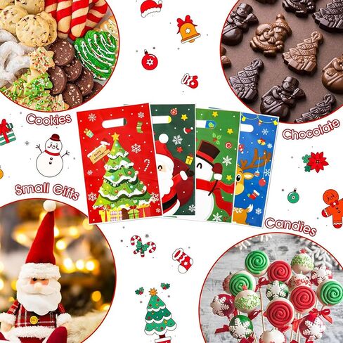 50 Pcs Christmas Gift Bags with Handles - 4 Styles Merry Christmas Trees Santa Claus Snowman Elk Plastic Bulk Treat Tote Cookie Goody Candy Snack Bags for Winter Xmas Holiday Party Decorations Favors in Saudi Arabia