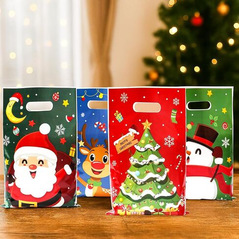 50 Pcs Christmas Gift Bags with Handles - 4 Styles Merry Christmas Trees Santa Claus Snowman Elk Plastic Bulk Treat Tote Cookie Goody Candy Snack Bags for Winter Xmas Holiday Party Decorations Favors in Saudi Arabia